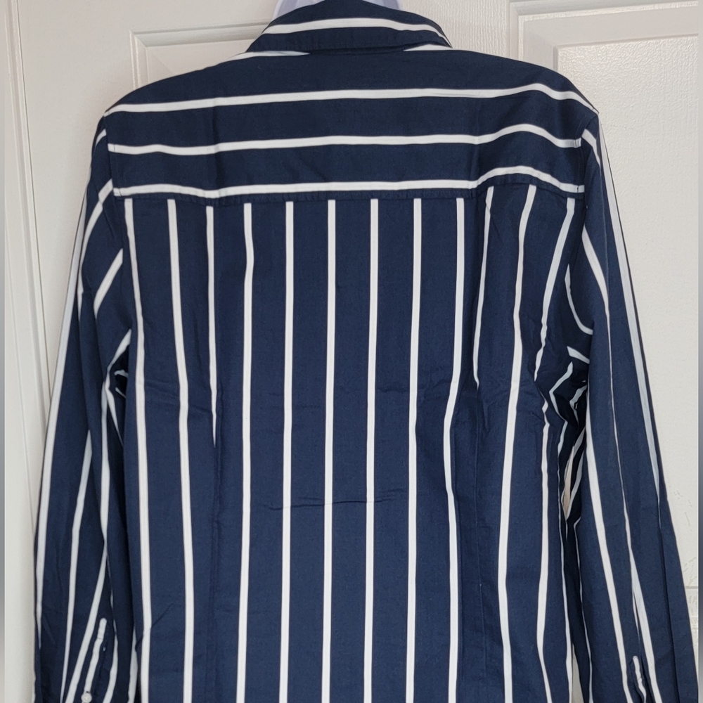 J Crew Factory Navy and White Striped Women's Button-Down Shirt Size L NWT - Picture 4 of 10